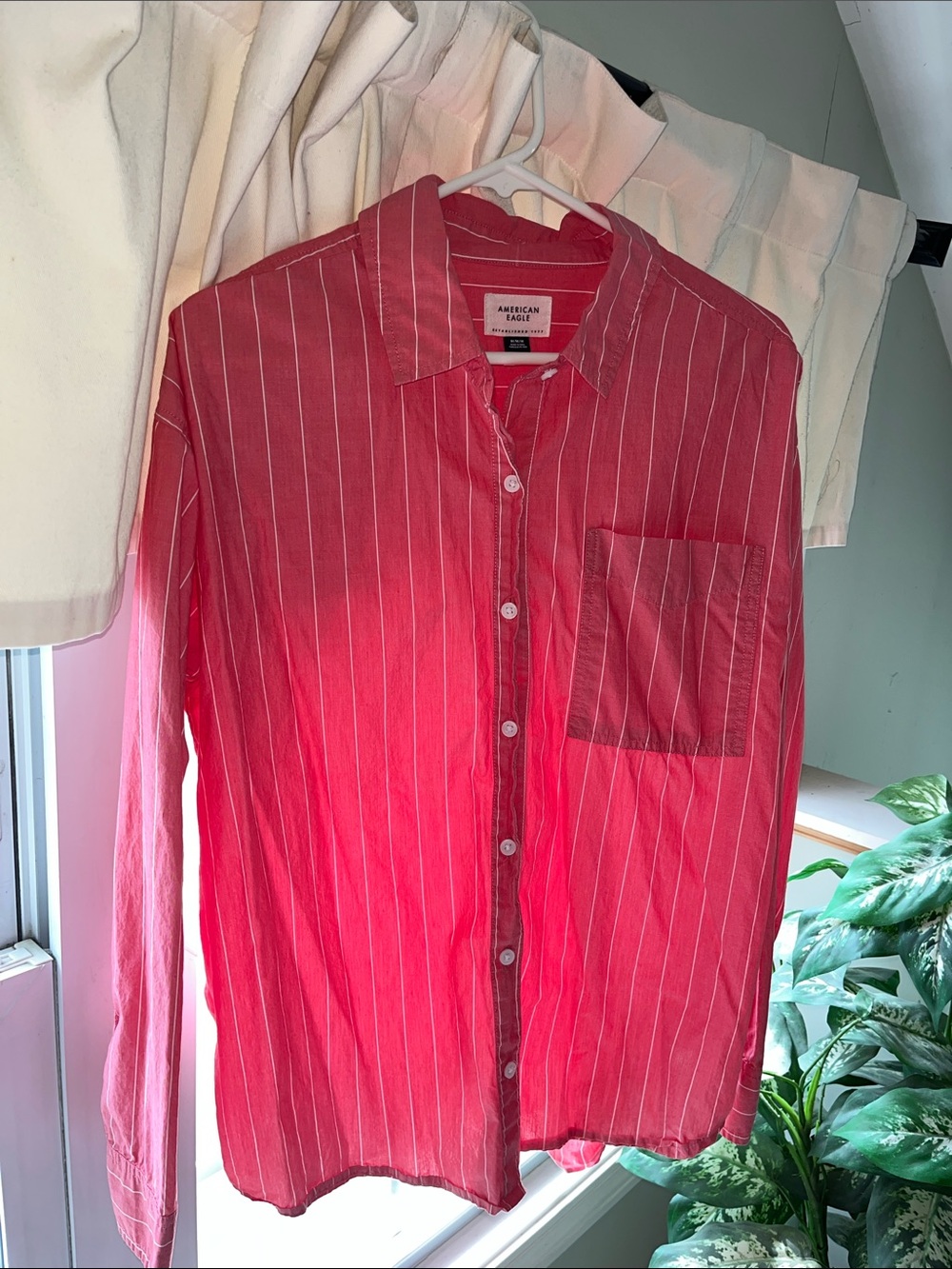 American Eagle Outfitters Red and White Vertical Stripe Button-Down Shirt
